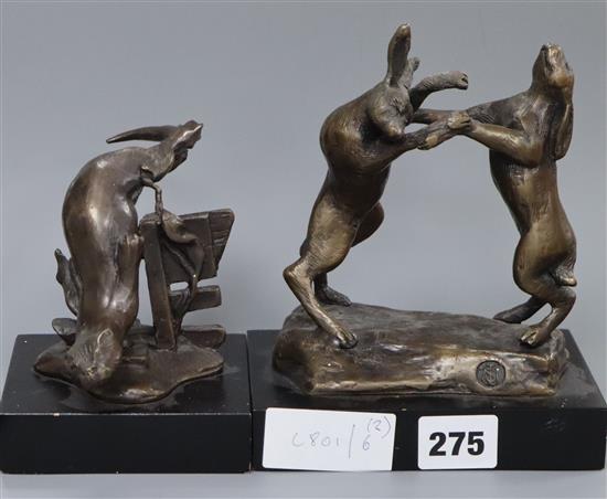 Two modern bronzes, boxing hares and an otter
